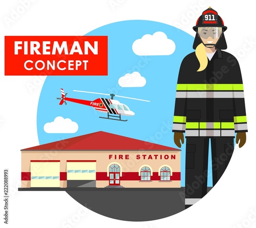 Fireman concept. Detailed illustration of woman firefighter in uniform on background with fire station building and helicopter in flat style. Vector illustration.