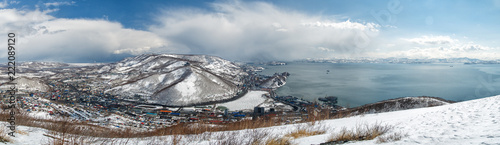 Panorama of Petropavlovsk-Kamchatsky in winter in sunny weather