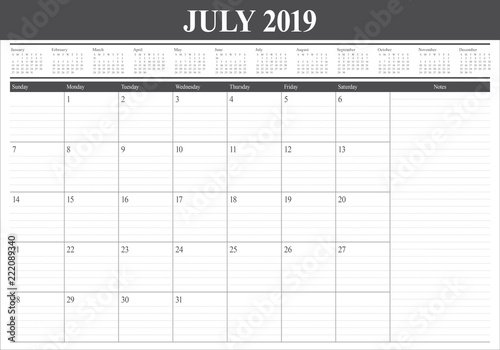 July 2019 desk calendar vector illustration