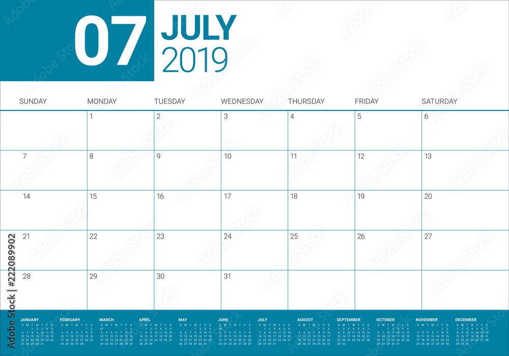 July 2019 desk calendar vector illustration July 2019 desk calendar vector illustration