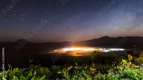 A movement cloudy and star landscape view on top view of mountain at night timing in winter season location at Phu Lang Ka National Park, Phayao province, north of Thailand. time lapse photo