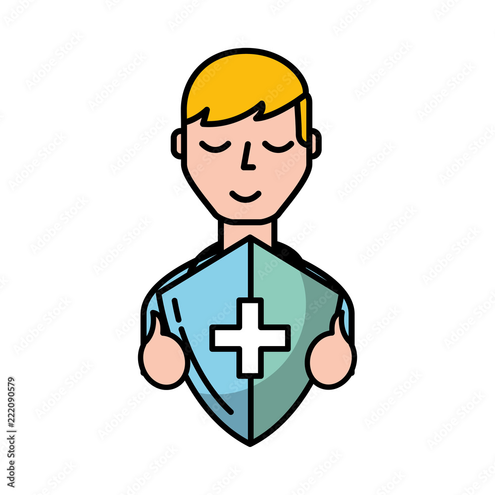 man character holding shield protection medical symbol man character holding shield protection medical symbol