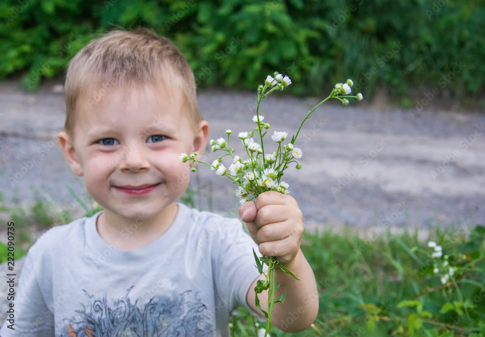 A little boy is holding a bouquet of wildflowers. A little boy is holding a bouquet of wildflowers.