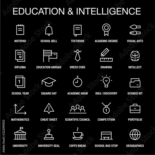 Education. Intelligence. Icons set. Linear. White on black.