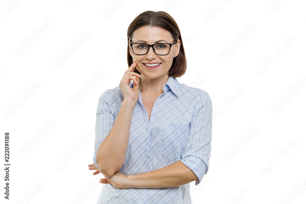 Portrait of an adult smiling confident business woman with glasses, white background isolated Portrait of an adult smiling confident business woman with glasses, white background isolated