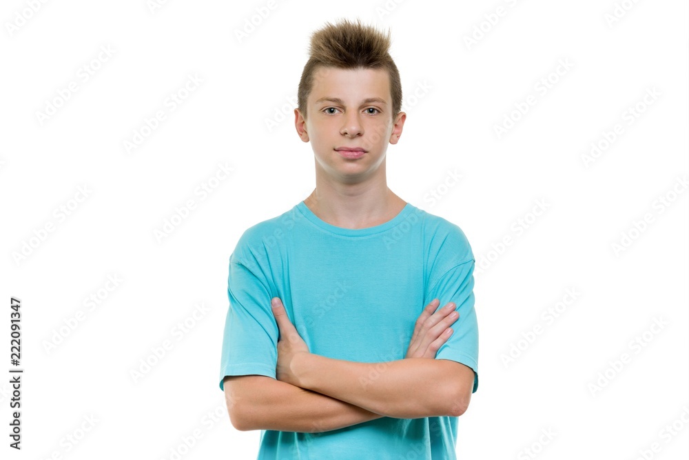 Portrait of smiling teenager boy 14, 15 years old, white background isolated Portrait of smiling teenager boy 14, 15 years old, white background isolated