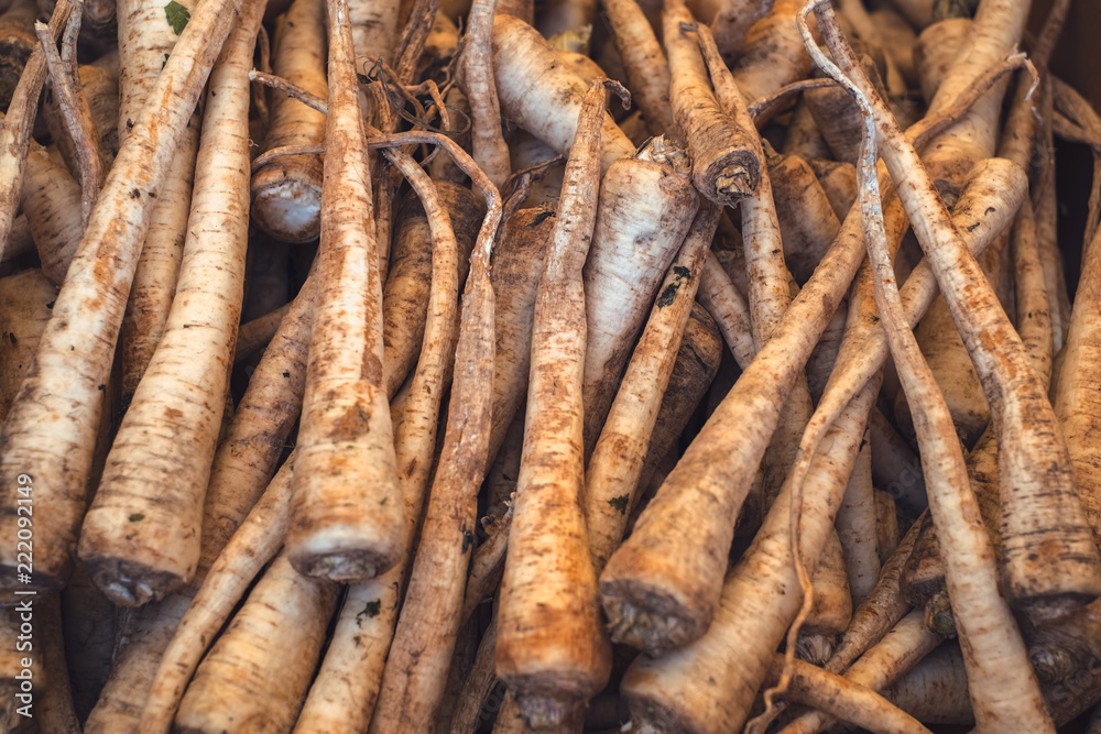raw parsnip with earth at the market stall
