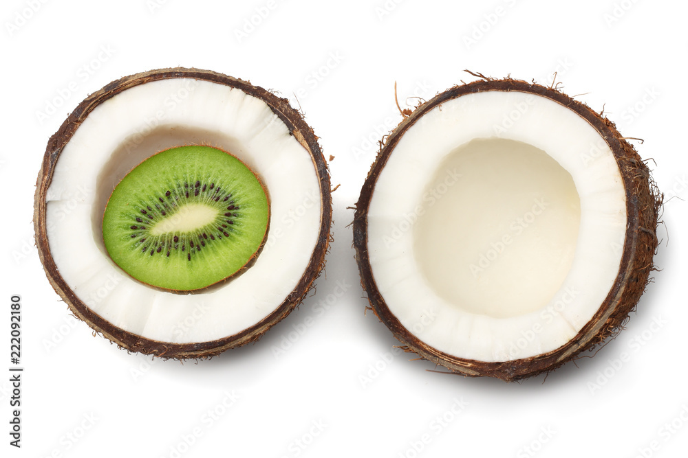 Coconut with kiwi isolated on white background. top view Coconut with kiwi isolated on white background. top view