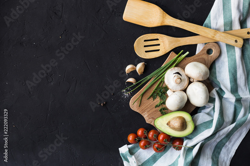 Vegan breakfast rice tortillas avocado tomato spices onions photo