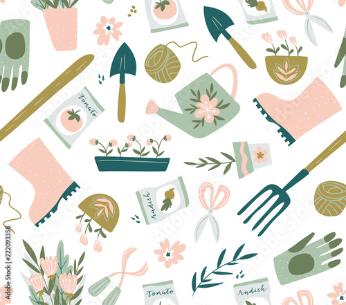 Garden tool seamless pattern. Vector illustration of gardening elements. Happy gardening fabric design.