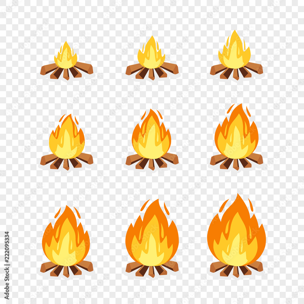 Set of camp fire sprites for animation. Vector cartoon illustration bonfire  burning frames. Explosion, torch, flames, campfire for game design on  transparent background Stock Vector | Adobe Stock