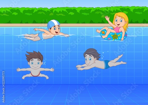 Cartoon kids swimming in the pool