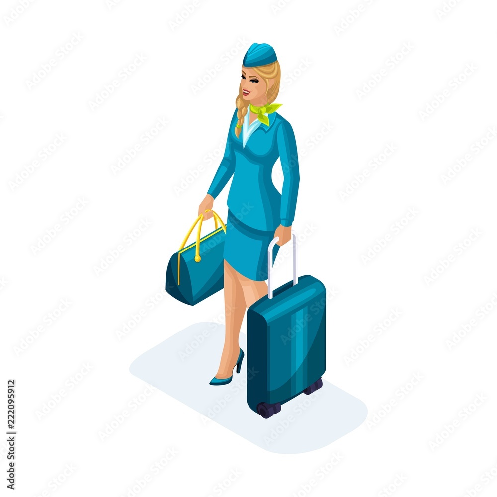 Isometry of the stewardess girl comes with a suitcase and documents, front view. Work in international airlines Isometry of the stewardess girl comes with a suitcase and documents, front view. Work in international airlines
