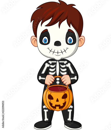 Cartoon kid with skeleton costume holding pumpkin basket