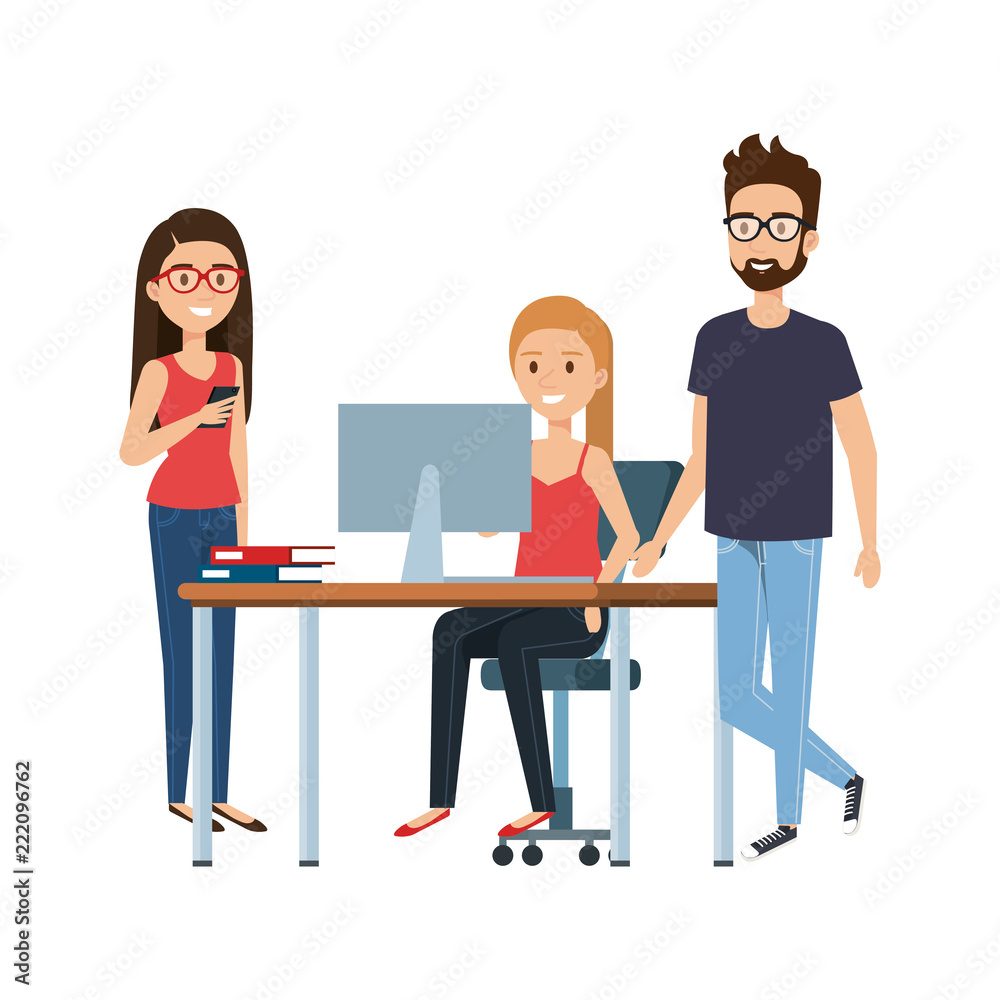 young woman at desk with laptop and companions young woman at desk with laptop and companions