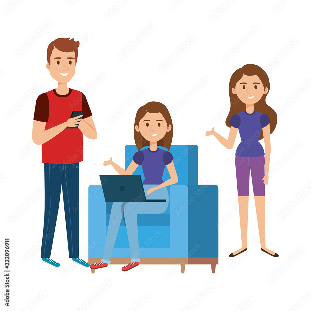 young woman at sofa with laptop and companions young woman at sofa with laptop and companions