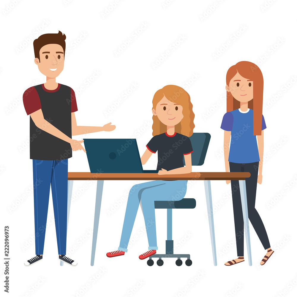 young woman at desk with laptop and companions