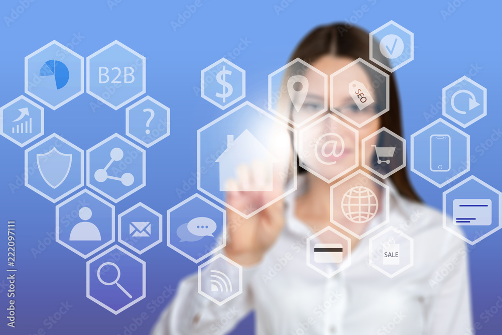 portrait of businesswoman pointing at floating screen portrait of businesswoman pointing at floating screen