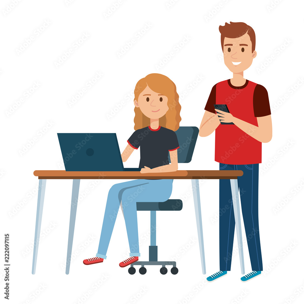 young woman at desk with laptop and companions