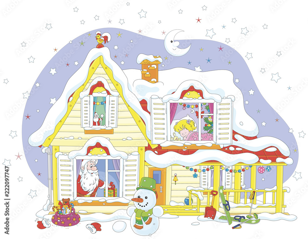 The night before Christmas, Santa Claus with his gifts for a little girl in a snow-covered house