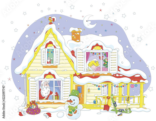 The night before Christmas, Santa Claus with his gifts for a little girl in a snow-covered house