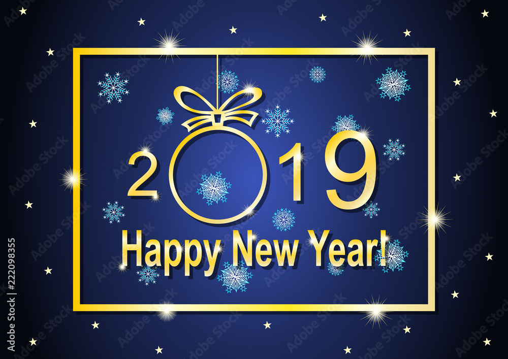 Golden lettering and frame with happy new year 2019 on blue background
