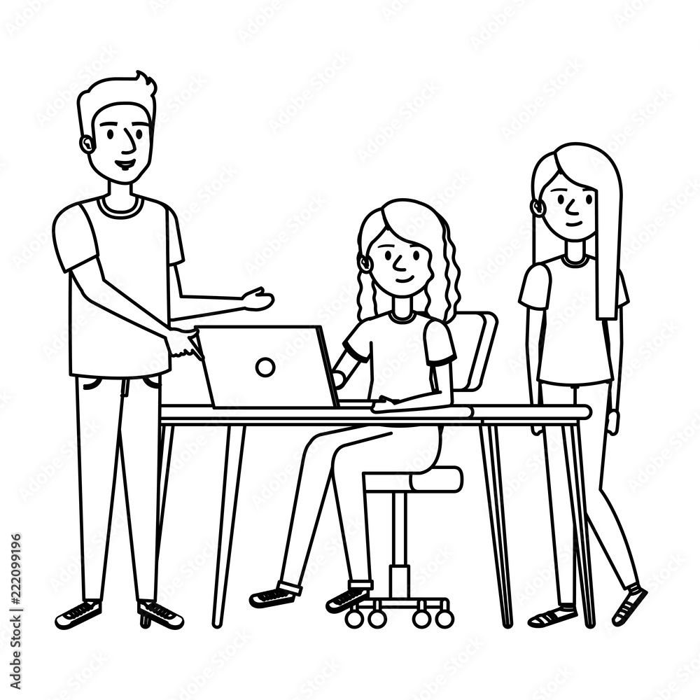 young woman at desk with laptop and companions young woman at desk with laptop and companions