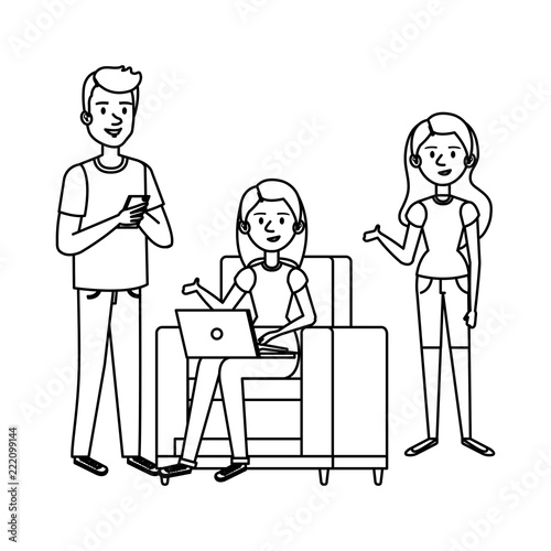 young woman at sofa with laptop and companions