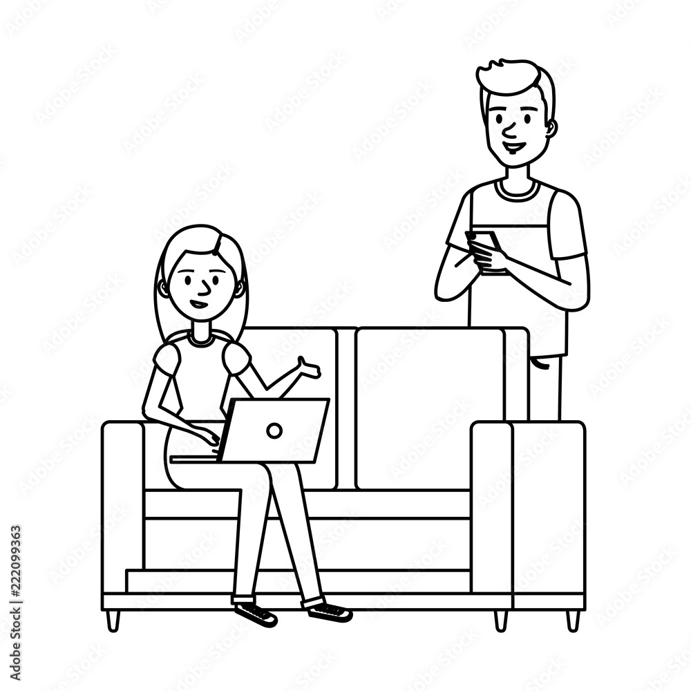 young woman at sofa with laptop and companions