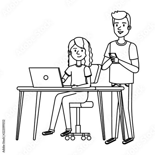 young woman at desk with laptop and companions