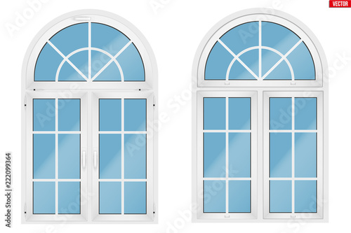 Metal plastic PVC arch window with two sash and opening casements. Indoor and Outdoor view. Models and frame installation. Sample Vector Illustration isolated on white background.