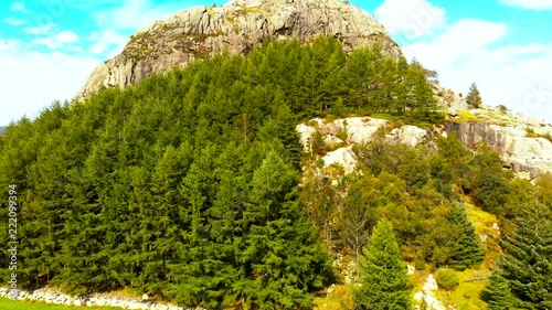 Flying up in front of a large mountain top in Norway covered by green threes towards the blue sky photo