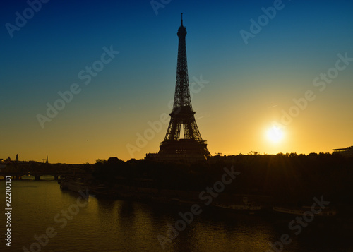 Eiffel Tower at sunrise.