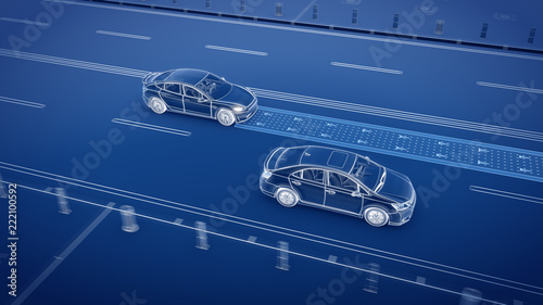 Autonomous self driving electric car change the lane and overtakes city vehicle