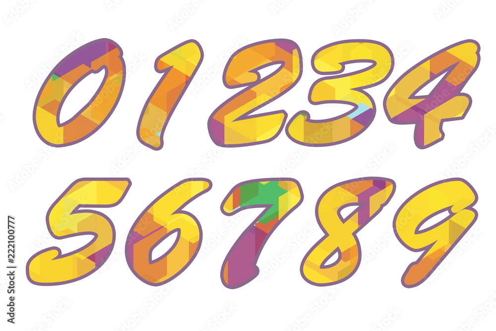 0 1 2 3 4 5 6 7 8 9 Set of Colorful rainbow numbers. One, two, three, four, five, six, seven, eight, nine, zero. White isolated