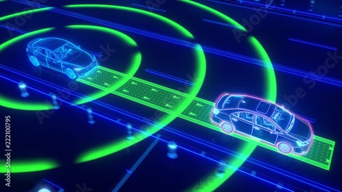 Autonomous self driving electric car change the lane and overtakes city vehicle