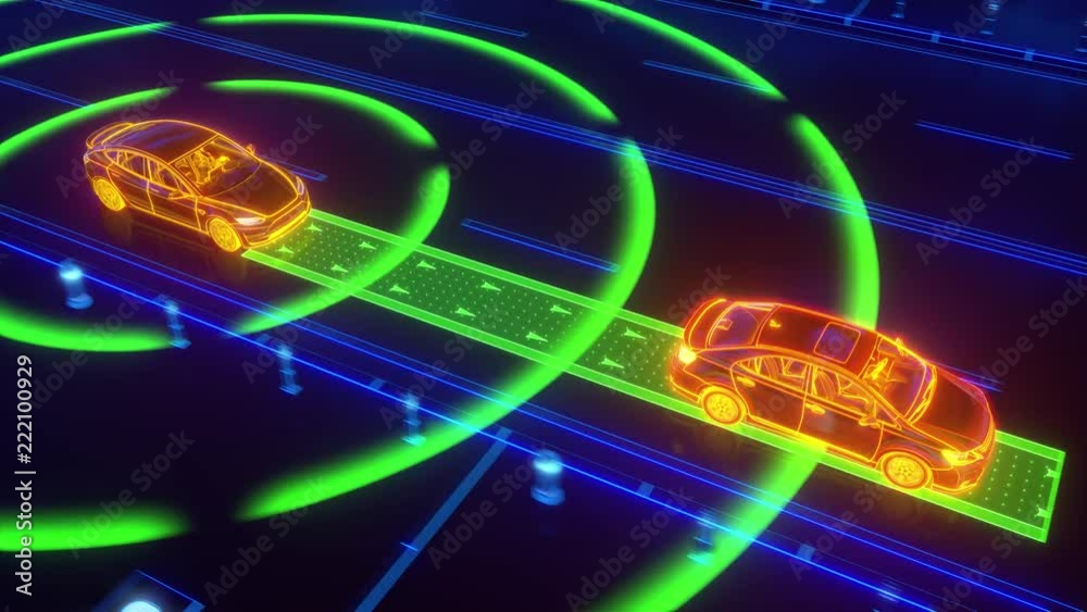 Autonomous self driving electric car change the lane and overtakes city vehicle 3d rendering