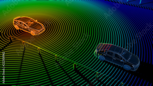 Autonomous self driving electric car change the lane and overtakes city vehicle