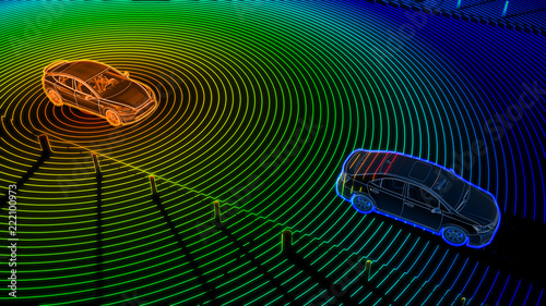 Autonomous self driving electric car change the lane and overtakes city vehicle photo