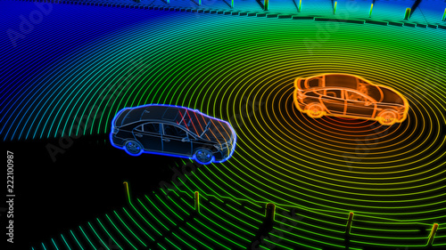 Autonomous self driving electric car change the lane and overtakes city vehicle
