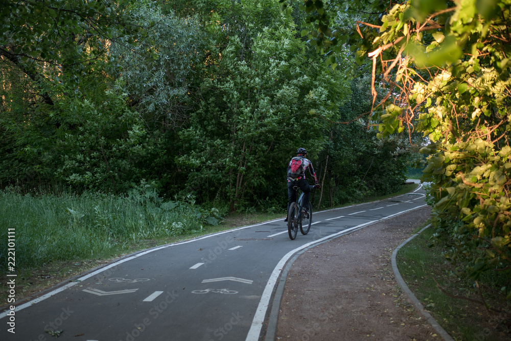 Photo of bicycle road with bicyclist among trees