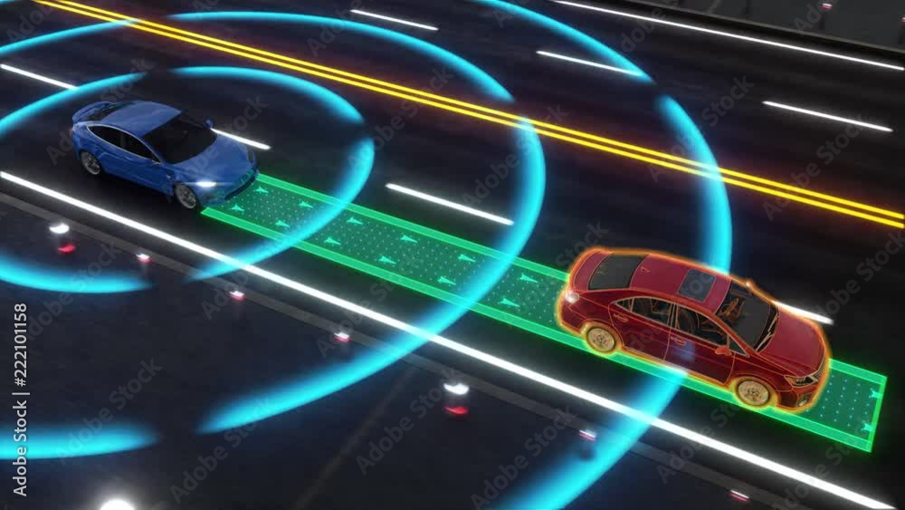 Autonomous self driving electric car change the lane and overtakes city vehicle 3d rendering