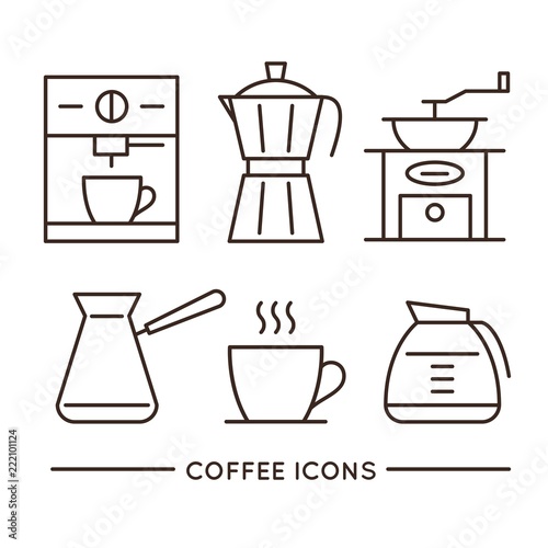 Coffee shop linear icons set. Traditional turkish black coffee and natural espresso. Coffee house equipment symbols. Cafe and restaurant menu design elements. Hot drinks outline vector pictograms.