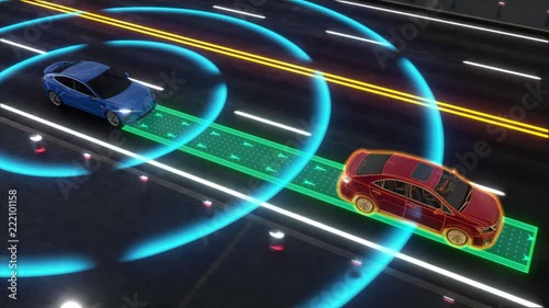 Autonomous self driving electric car change the lane and overtakes city vehicle 3d rendering