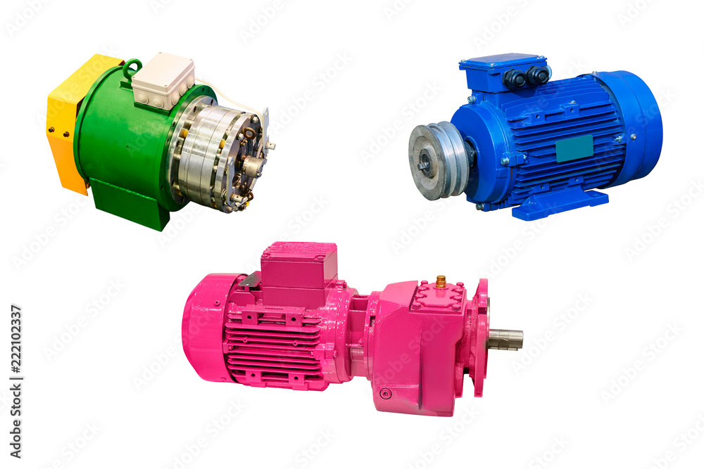several modern electric motors for various purposes isolated on white background