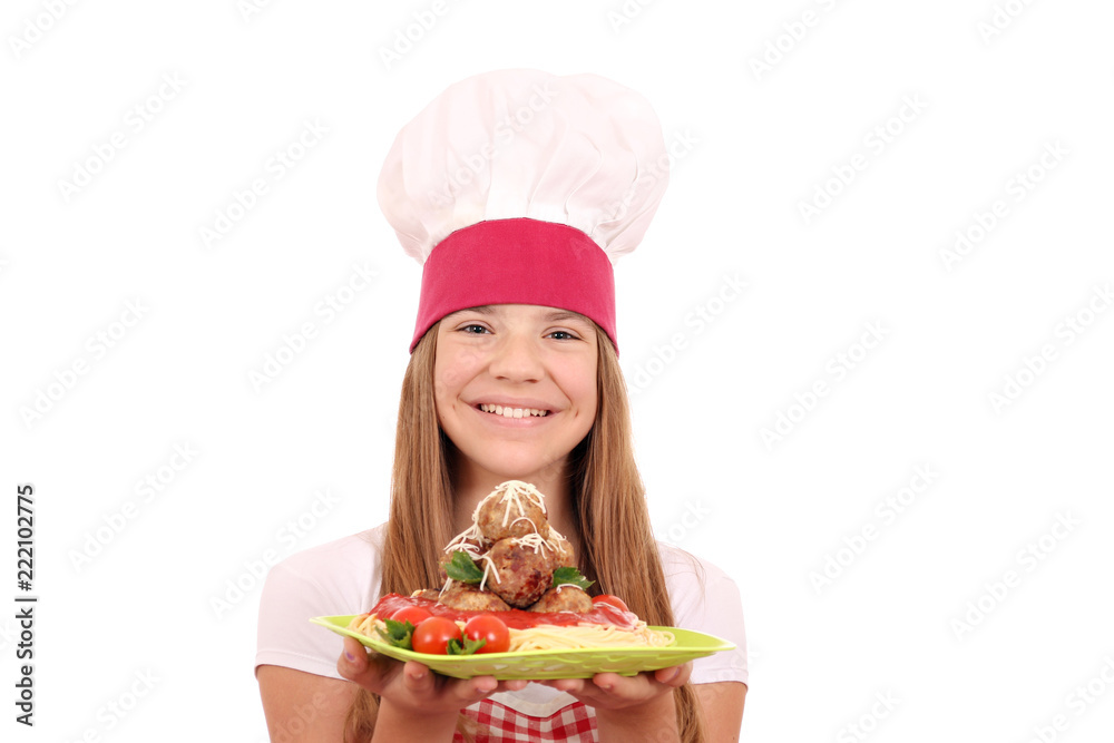happy little girl cook with spaghetti and meatballs happy little girl cook with spaghetti and meatballs