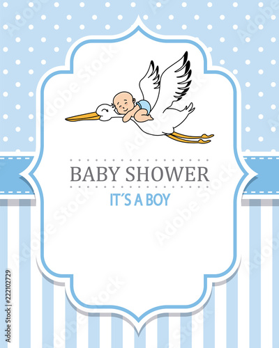 baby shower boy. Stork with a baby. space for text