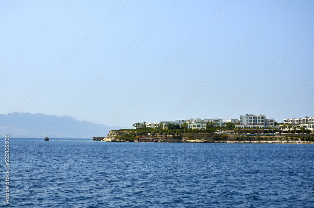 Aegean Sea and blue sky. Coast of Turkey between Mugla and Akyarlar. The precipitous coast. Rest and travel.