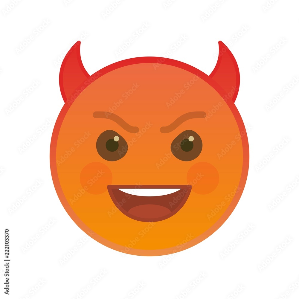 Fototapeta premium Devil emoticon isolated on white background. Crazy red emoji mascot symbol. Social communication and internet chatting vector element. Demonic smiley face with facial expression in flat style.