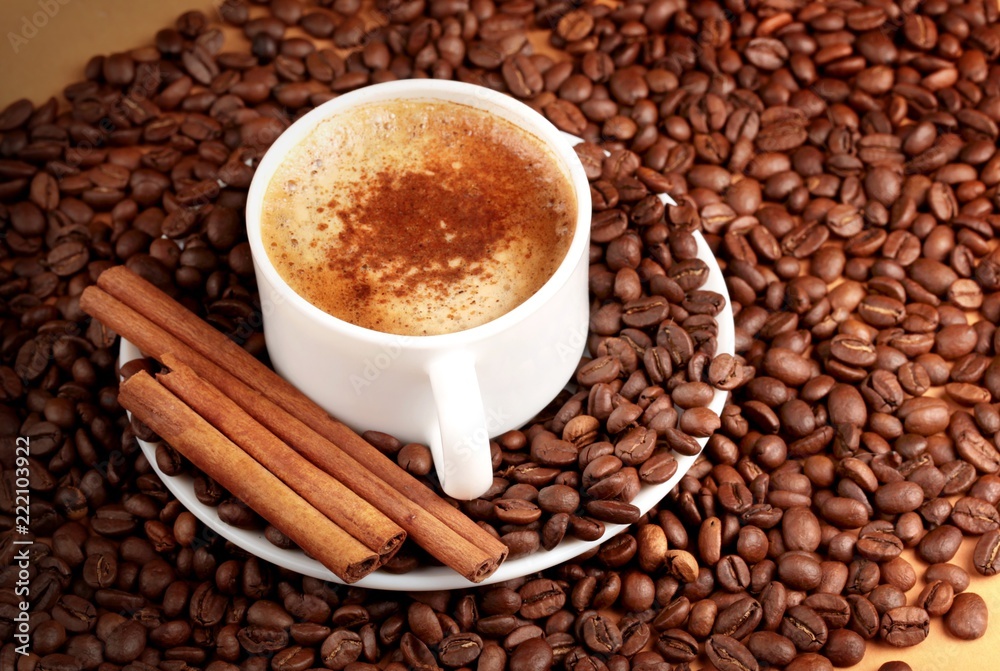 Fototapeta premium Cappuccino or latte surrounded by coffee beans and cinnamon